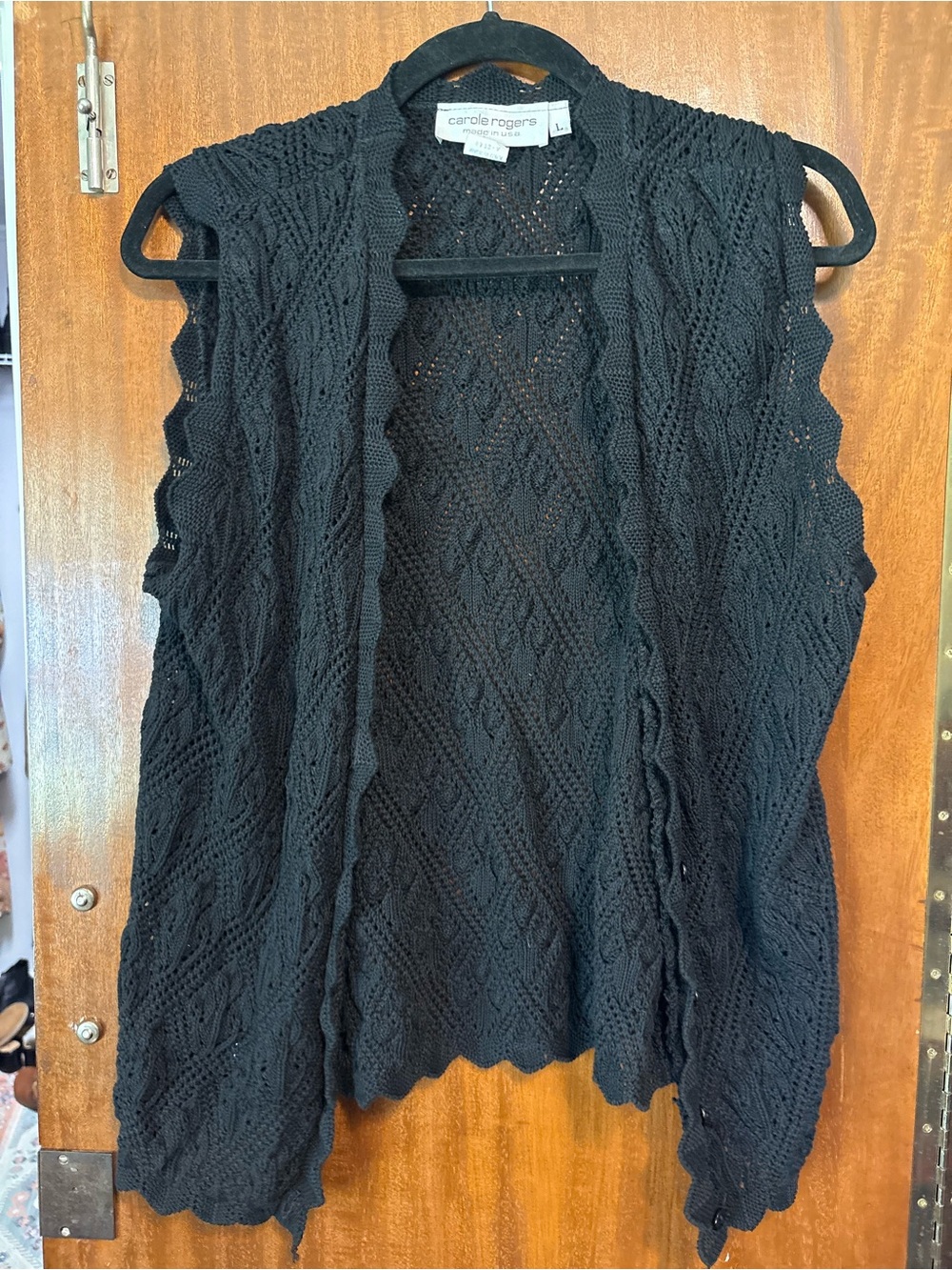 Black Open-Front Crochet Knit Sleeveless Cardigan Vest